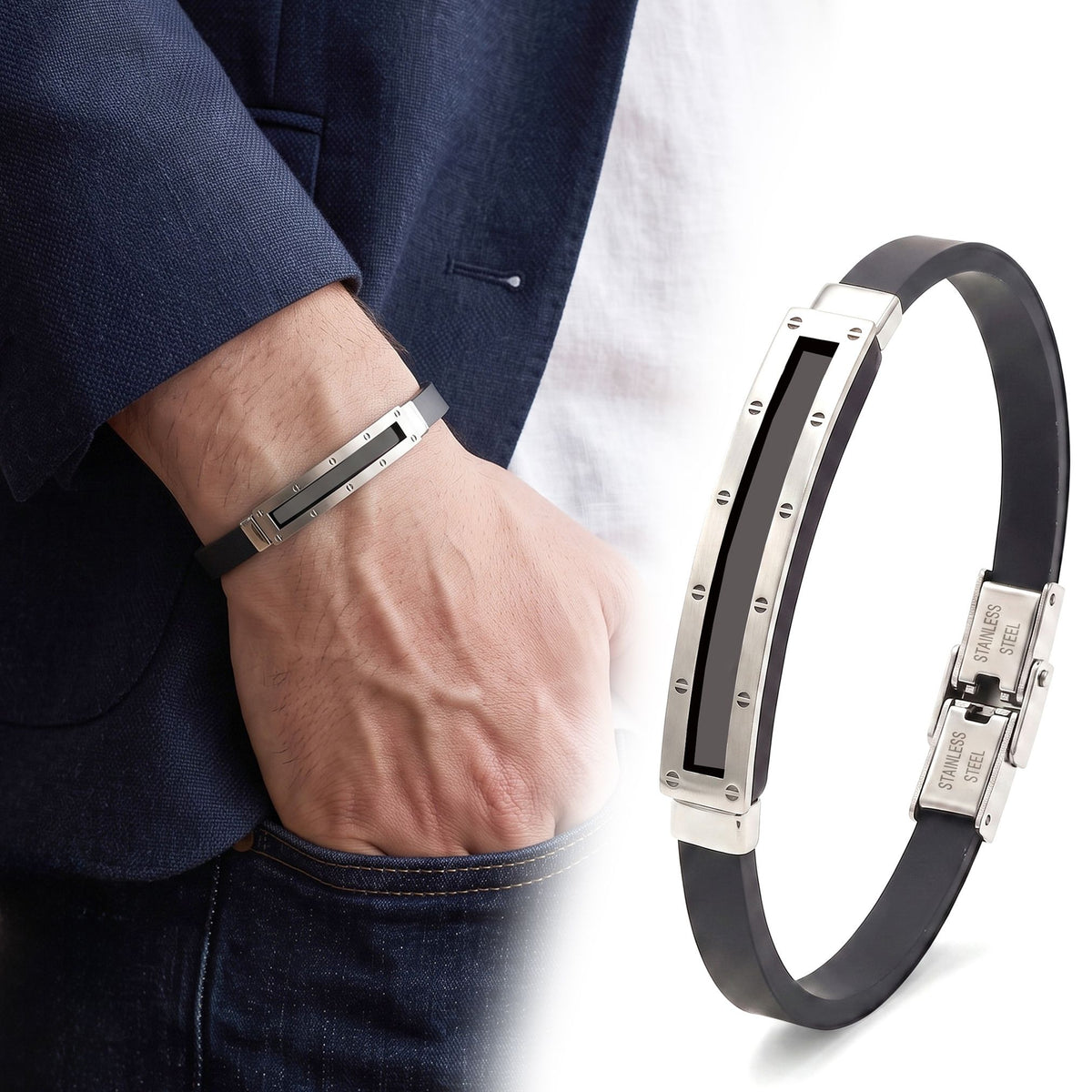 Lacivert ceket ve beyaz gömlekli bilekte AZAROO Signet şerit detaylı plaka ve ürün yakını