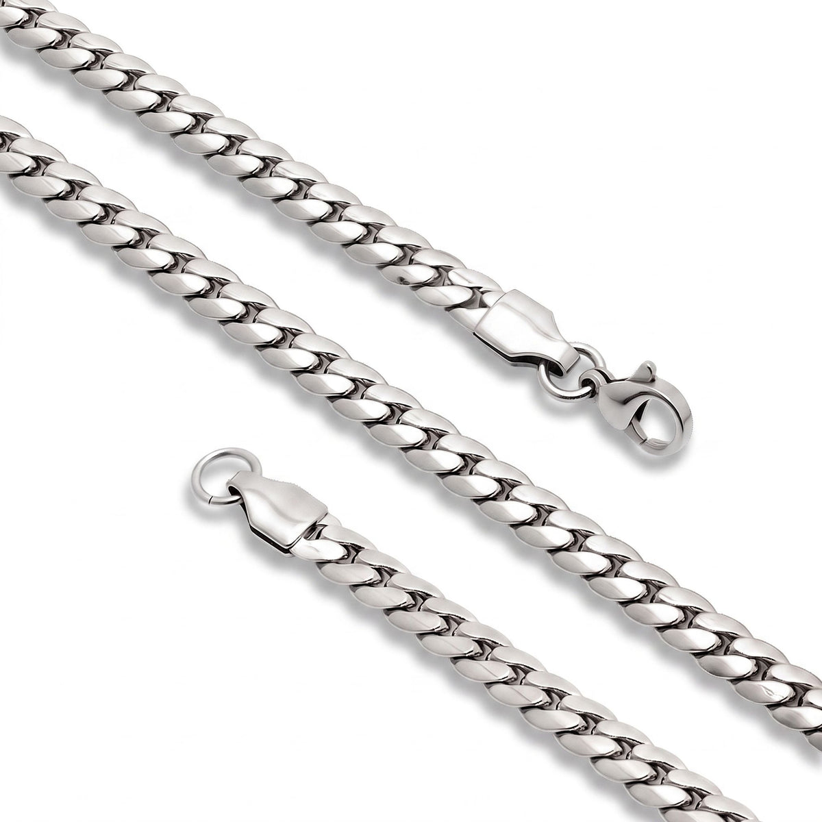 Çapraz duran 7x2 mm gümüş balık sırtı zincir, pullu desen ve kilit