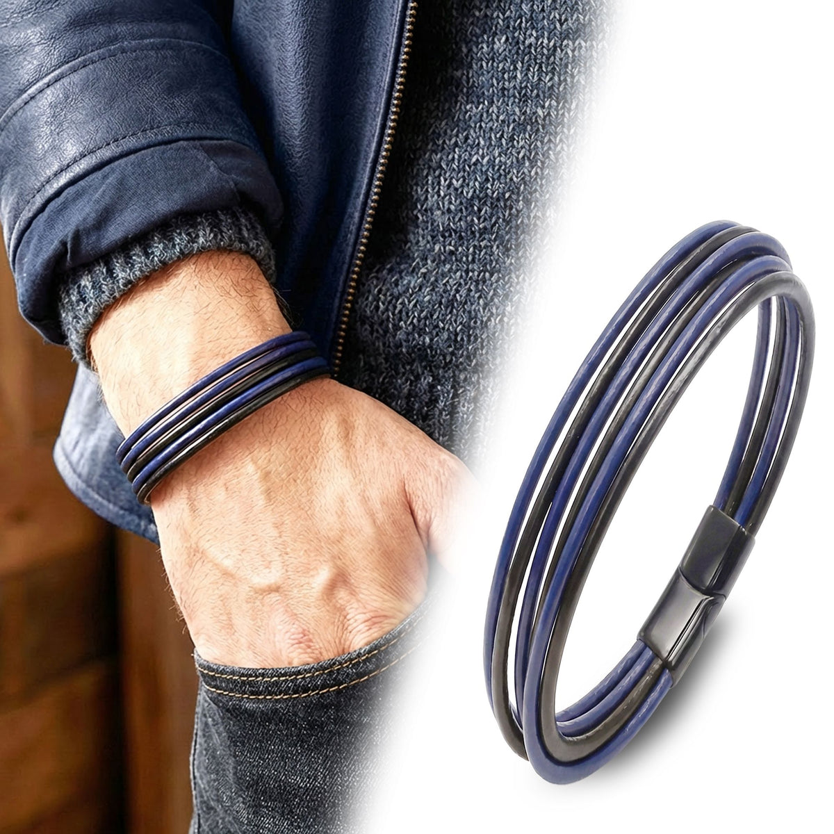 Lacivert mont ve gri pantolonla bilekte AZAROO Rook lacivert siyah ince şerit bileklik ve ürün