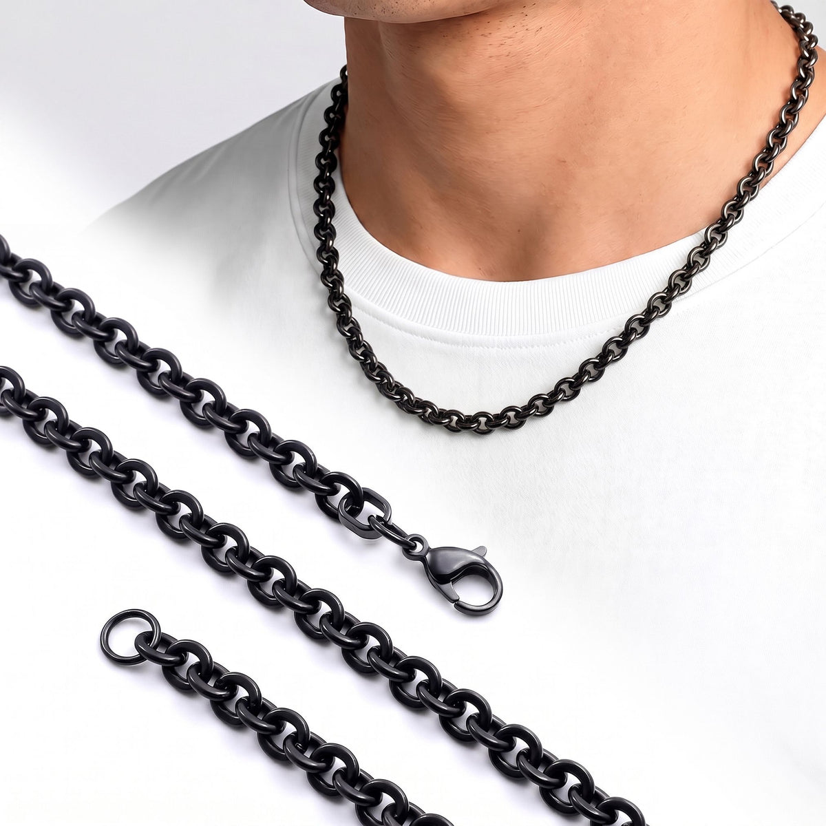 AZAROO Forge Rivet siyah mariner kolye boyunda, beyaz zeminde 6 mm siyah zincirin tamamı