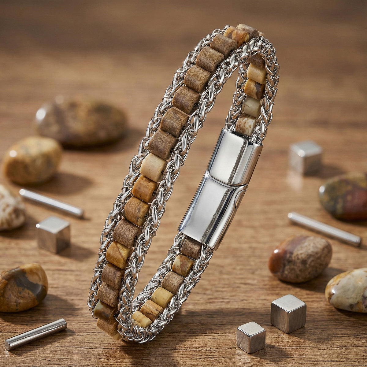 Ahşap masada çakıl taşları ve metal küpler arasında dik duran jasper bileklik