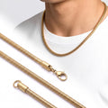 AZAROO Temper Gold oval spiral kolye erkeğin boynunda, yanında zincirin tek başına görüntüsü
