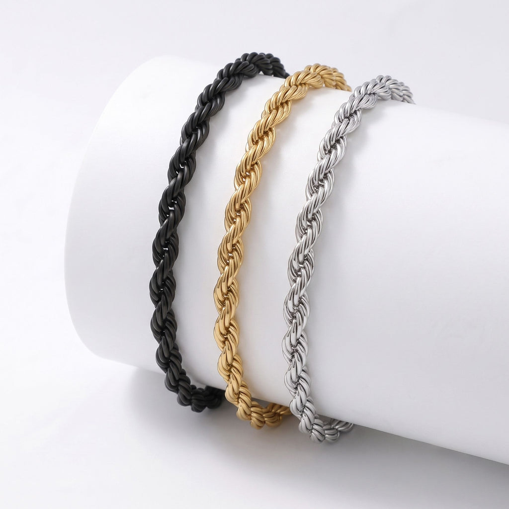Silindire sarılı gold, siyah ve gümüş rope halat bileklikler bir arada