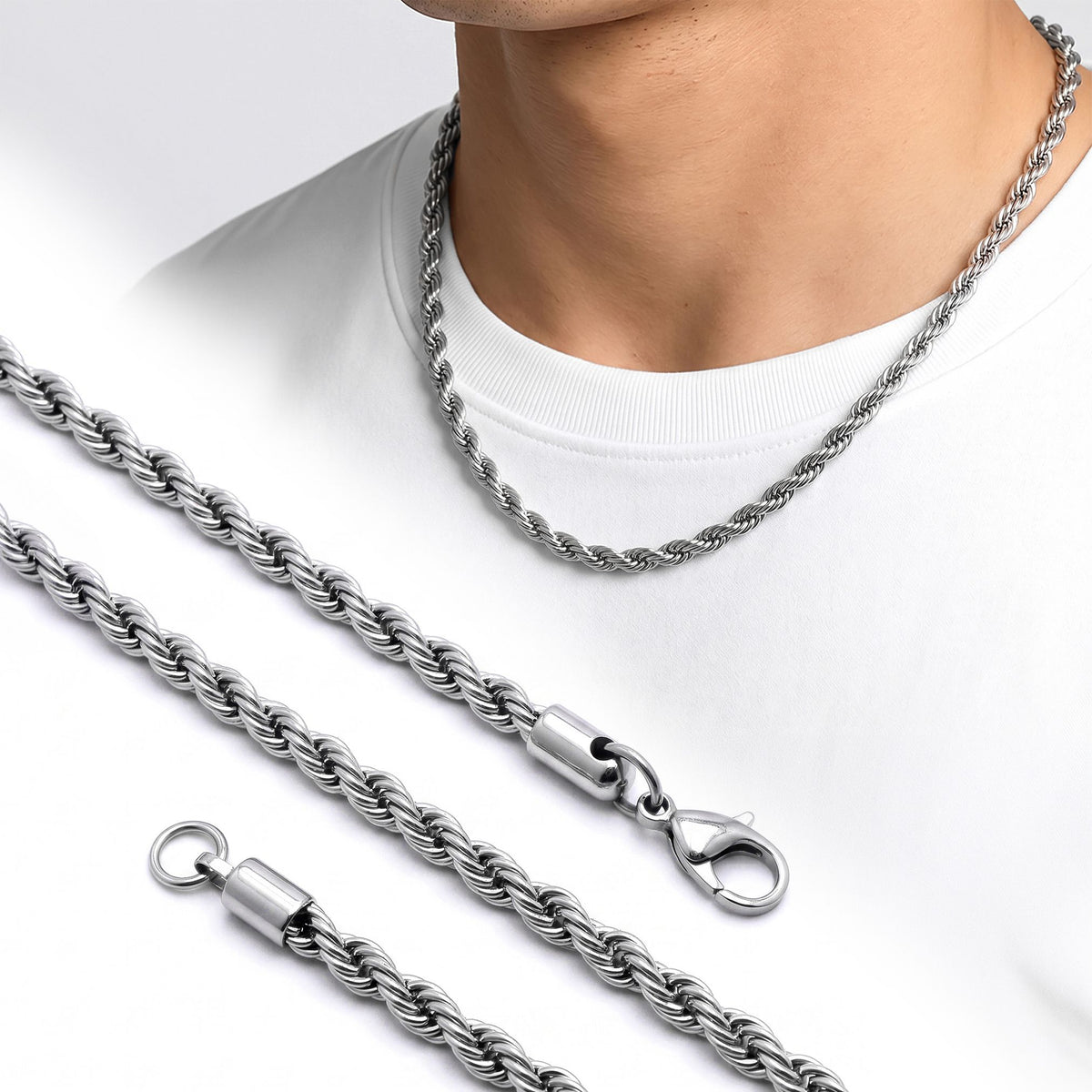 AZAROO Anchor Gümüş rope kolye boyunda takılı, yanında zincirin tam boy fotoğrafı