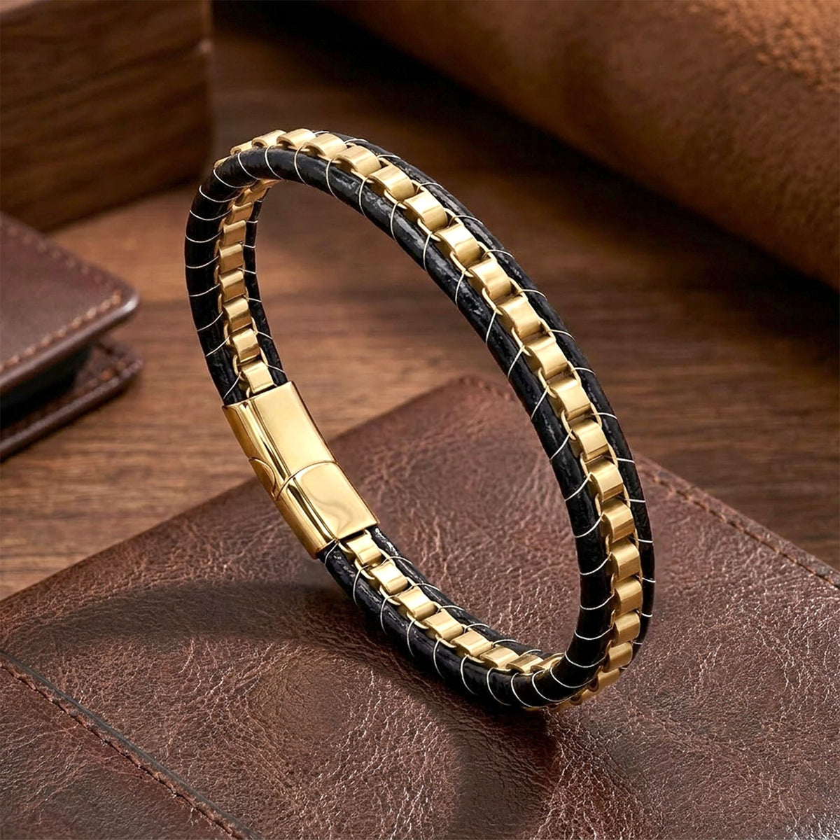 Ahşap üzerinde dik duran Harrier gold, altın rengi kilit ve zincir belirgin
