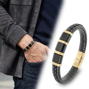AZAROO Prime Emblem Gold Siyah Halkalı Saç Örgü Deri Bileklik