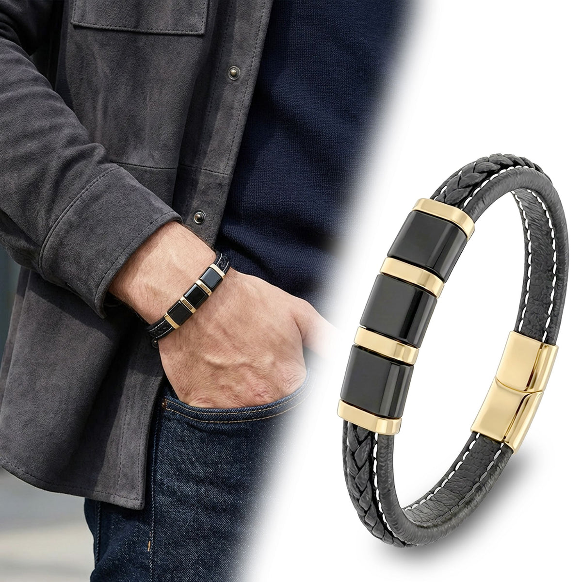 Gri ceketli bilekte AZAROO Emblem gold siyah halkalı bileklik, yanında ürün görüntüsü