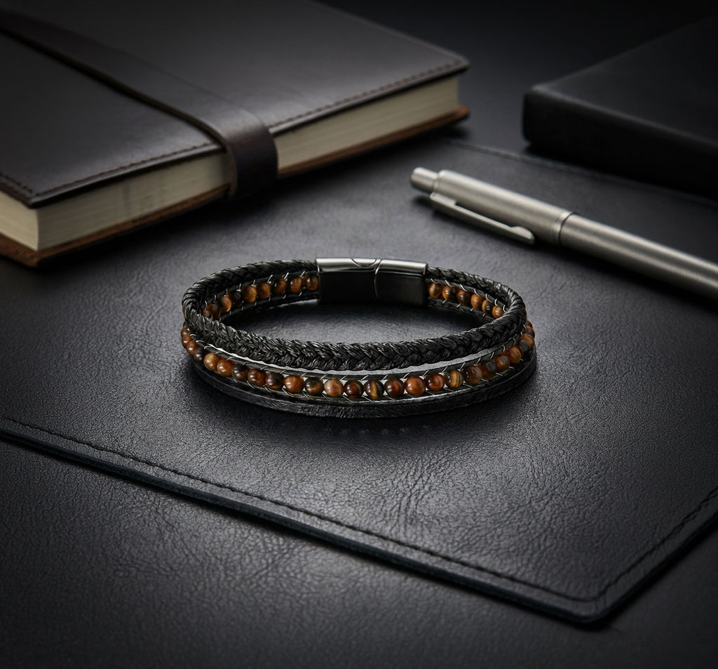 Siyah sümen ve kalemin üzerinde yatay duran kahve taşlı katmanlı deri bileklik