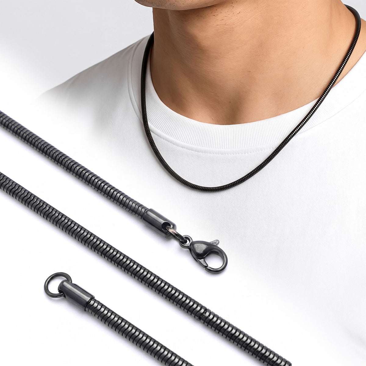 AZAROO Temper Siyah 3 mm ince spiral zincir boyunda, yanında kolyenin tam boy görüntüsü